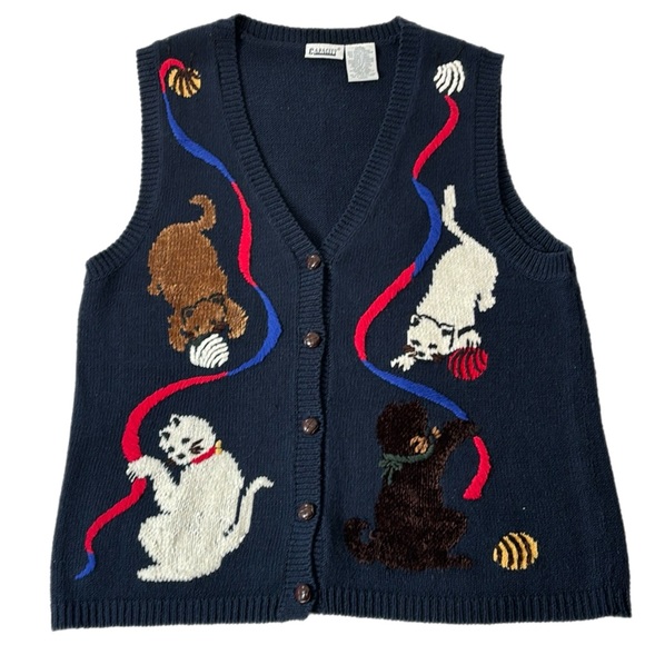 capacity Sweaters - Retro Cats Kittens and Yarn Button Front Sweater Vest (READ)